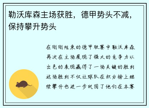 勒沃库森主场获胜，德甲势头不减，保持攀升势头